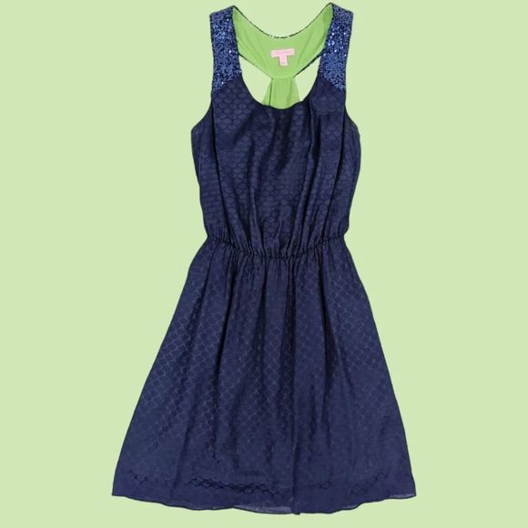 LILLY PULITZER Calissi Navy Blue Dress Sequin Collar Silk Jacquard #54138 M - Picture 4 of 7